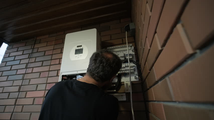 An electrician installing an inverter in a home. The image shows technical skill, modern tools, and attention to safety in electrical work