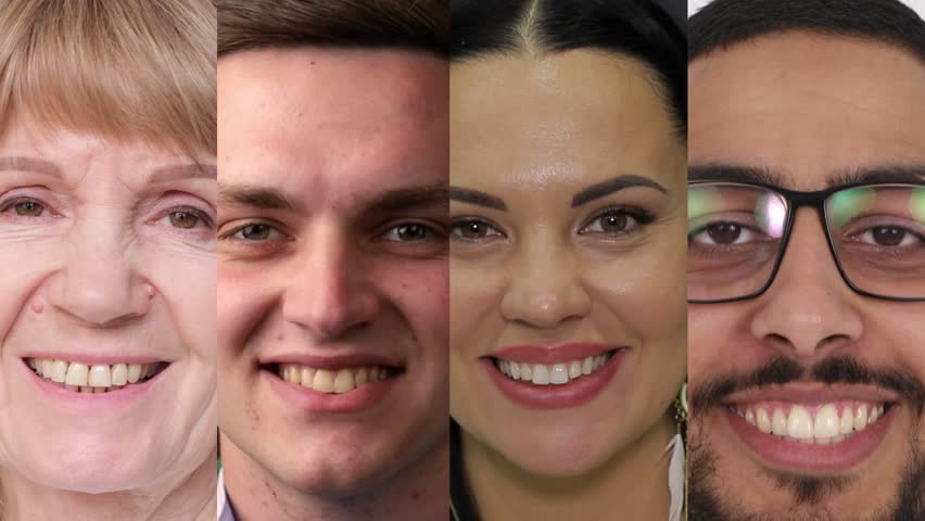 Close up collage of human smiling faces looking at camera. 