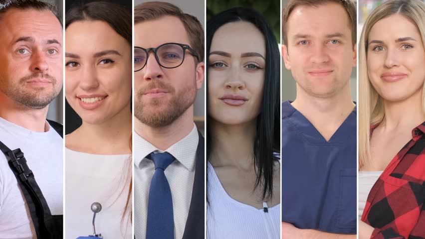 Video collage of young men and women. Vertical collage of faces of young people