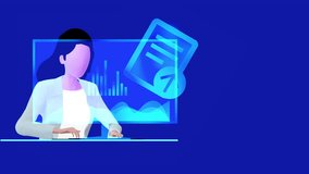 A specialist manages content on the Internet. A girl analyzes content on a computer screen. Digital workspace. Content management in 3d cartoon style. - Powered by Shutterstock - Get 15% off with code: PIKWIZARD15
