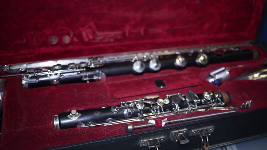 A beautifully crafted set of clarinets displayed in an elegant red velvet-lined case. The intricate details of the keys and craftsmanship highlight the artistry of these musical instruments.