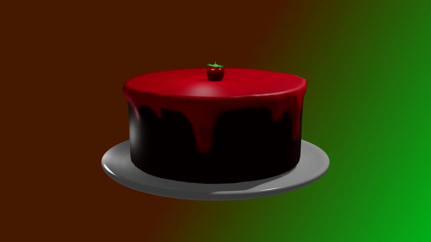 3D modeling of a chocolate cake with strawberries in a circular motion.