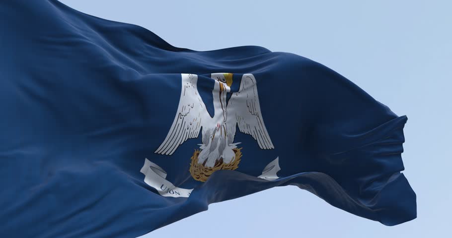 Louisiana state flag waving on a clear day. Mother pelican in a blue area with the slogan of the state. US state flag. Seamless 3d render animation. Slow motion loop. Selective focus