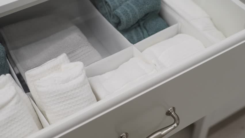 WellOrganized and Neatly Arranged Bathroom Towel Drawer Featuring Soft Plush Towels
