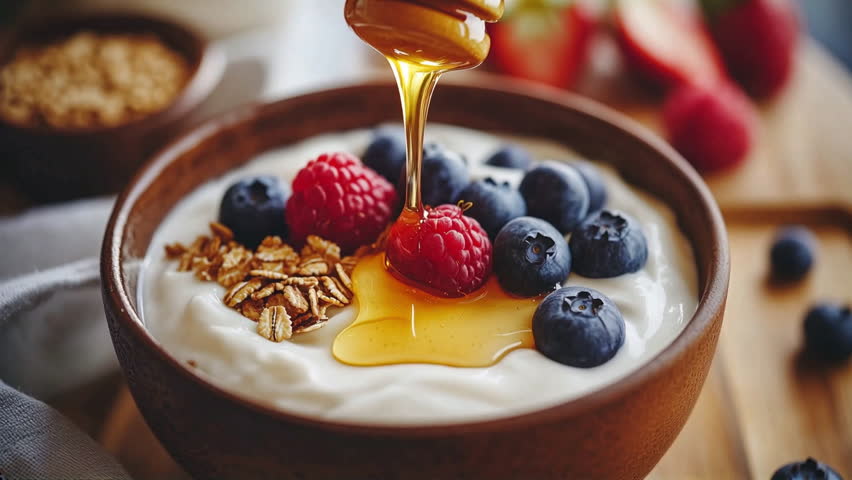 Seamless golden honey flowing from a dipper into a yogurt bowl with berries and granola. Smooth, realistic motion, with ripples and glossy reflections for a natural look.
