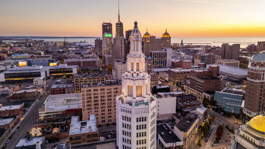 Buffalo, New York, USA downtown city skyline at golden hour.