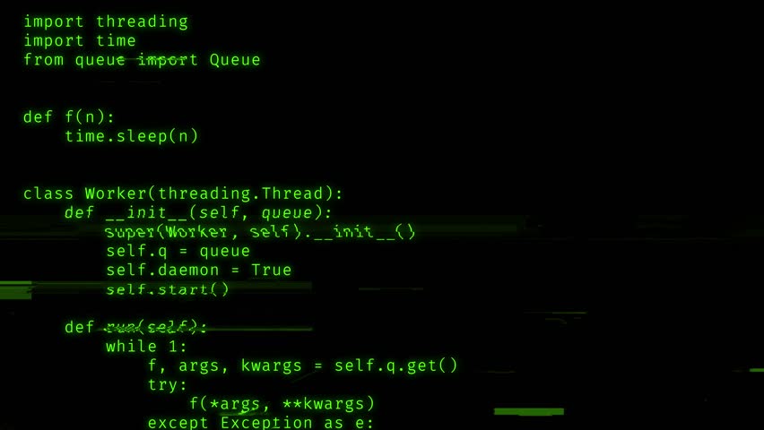 Green glitch code background scrolling down