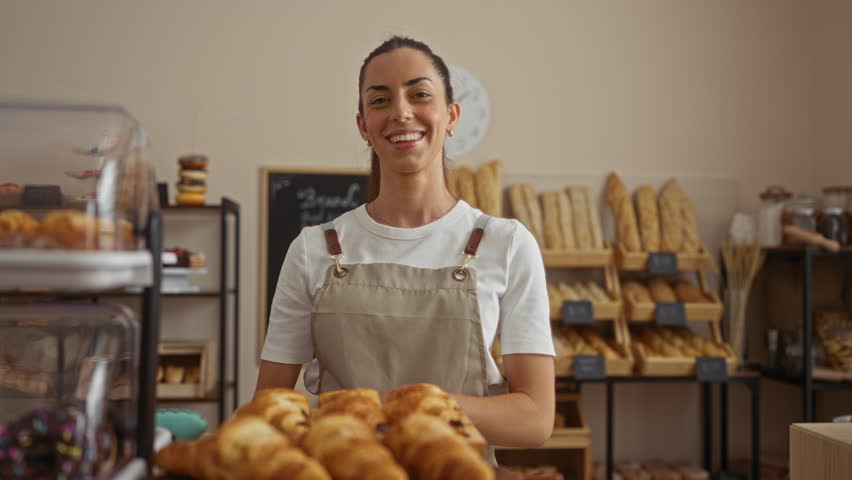Woman smiling inside a bakery shop with various breads and pastries on display, standing confidently with arms crossed wearing a white t-shirt and apron