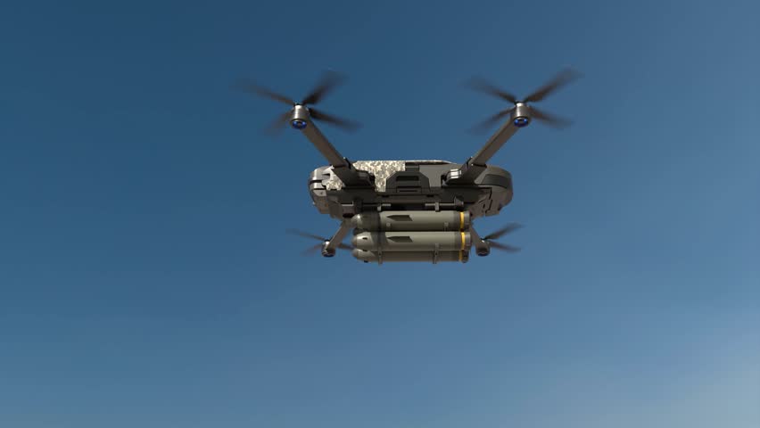 Military drones fly and fire missiles in a war zone, Future war with drone
