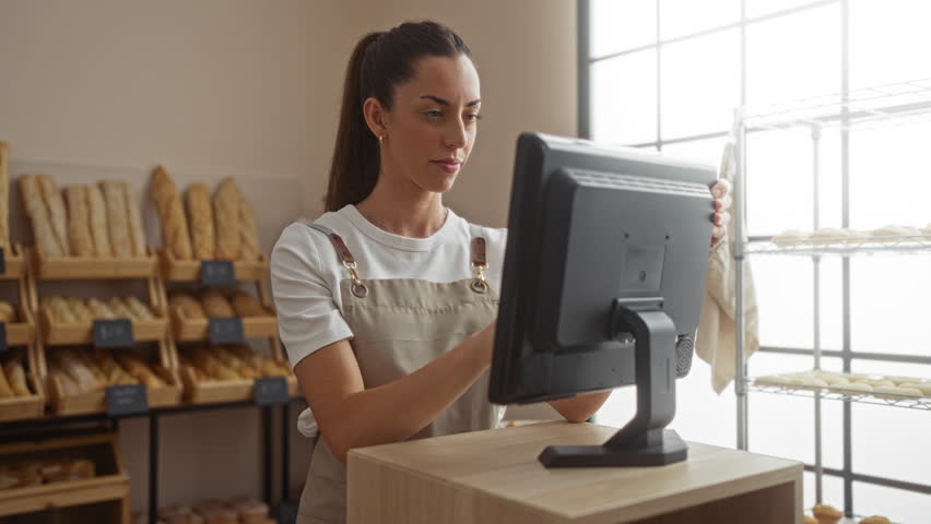 Woman operating a computer in a bakery, wearing an apron, showing surprised expressions in an indoor setting with shelves of bread in the background