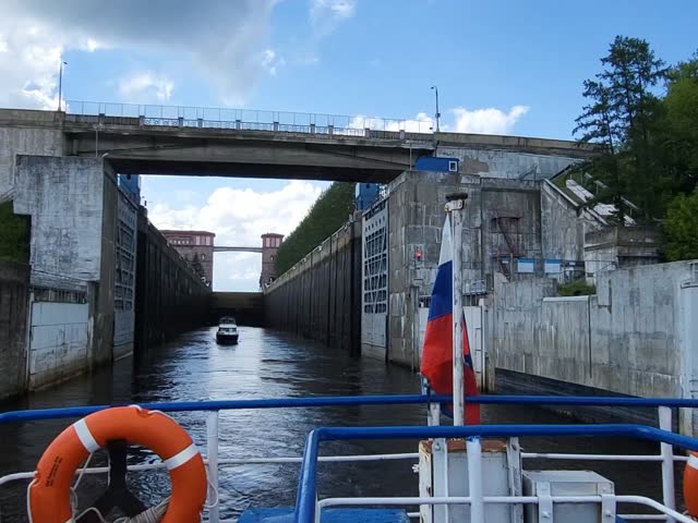Rybinsk Russia 08 11 2024 The exit of the pleasure boat from the lock.