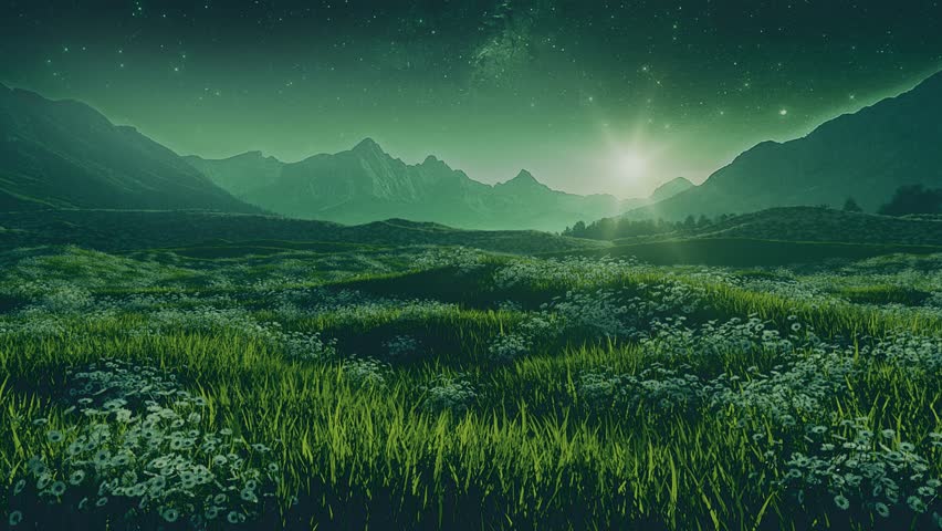 Abstract Grass Landscape by Night with Flowers under a Starry Sky - Loop - Fantasy Nature Background