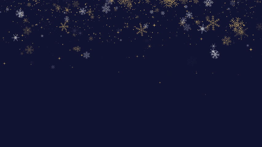 Festive Merry Christmas and Happy New Year. Border of gold and white snowflakes and a Christmas star. Winter dark blue loop background with falling snow.