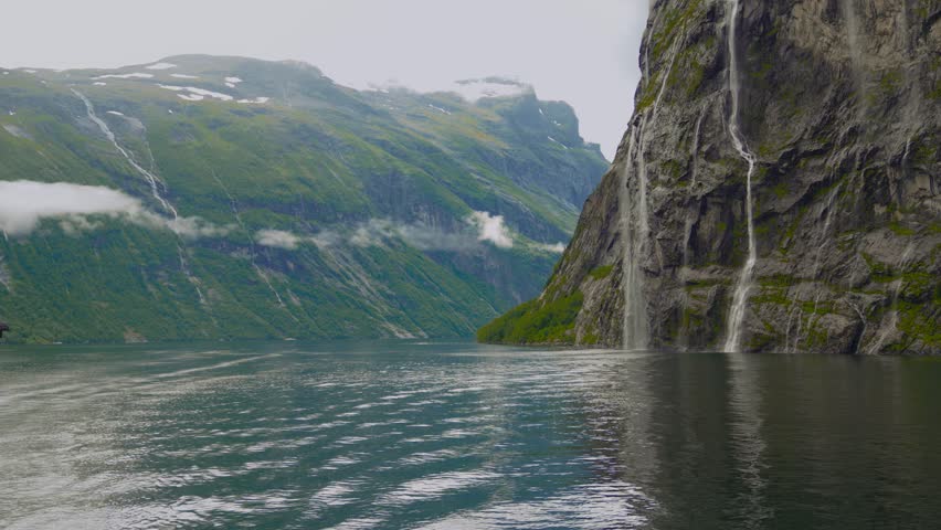 Seven Sisters Waterfall at Geiranger Fjord, Norway. Epic scenic Scandinavia nature, sea landscape.