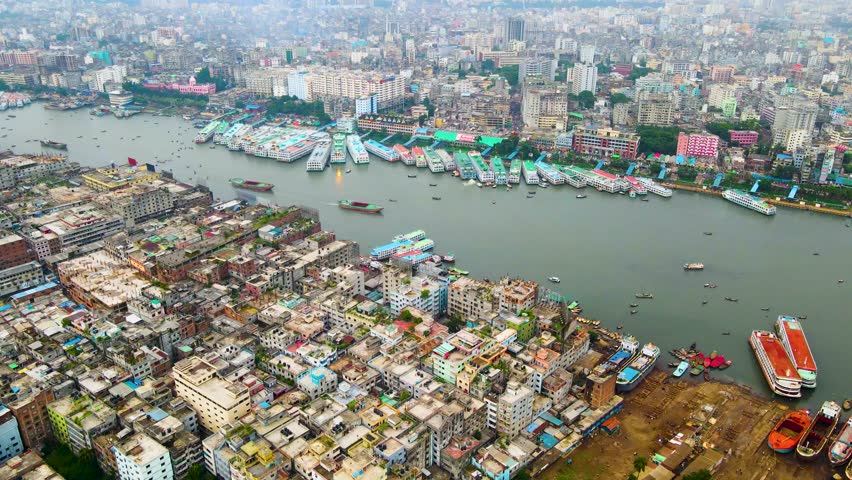 Aerial view of Dhaka city, Bangladesh with Buriganga river port at Keraniganj
