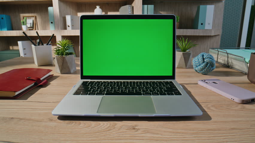 Freelancer touching mockup laptop touchpad browsing online app at home office closeup zoom in. Unknown businesswoman using trackpad green screen computer for office work. Professional technology.