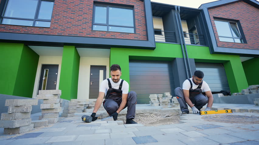 Two skilled workers laying paving stones with precision