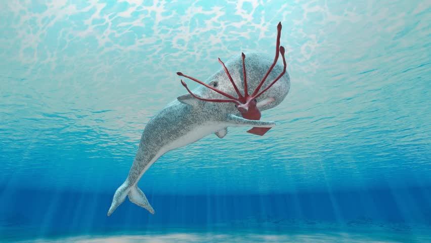 3D animation art of a sperm whale with a giant squid in its mouth.