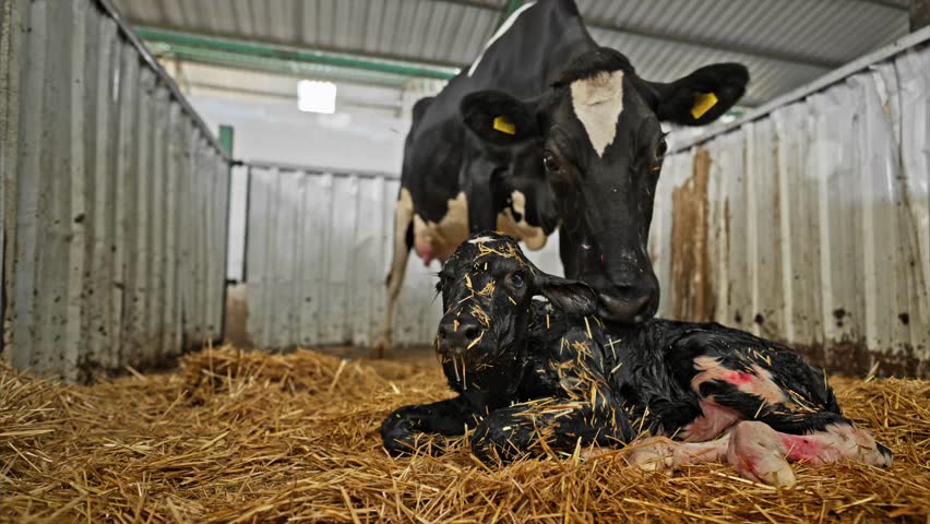 A newborn calf lying in fresh straw immediately after birth, with the mother cow gently cleaning her calf in a farm's maternity pen.