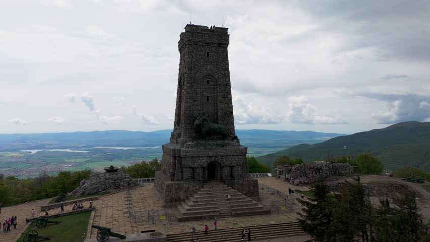 Aerial view of Shipka Monument in spring with a 360-degree rotation.