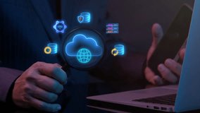 Cloud technology concept for data management system, online database storage, networking and internet service. Information system for business. Businessman shows cloud computing icon on virtual screen - Powered by Shutterstock - Get 15% off with code: PIKWIZARD15