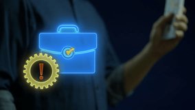 Risk Management concept, process of assessing and controlling financial, legal, strategic and security risks to organization's capital. Briefcase and gear with warning sign on virtual screen. - Powered by Shutterstock - Get 15% off with code: PIKWIZARD15