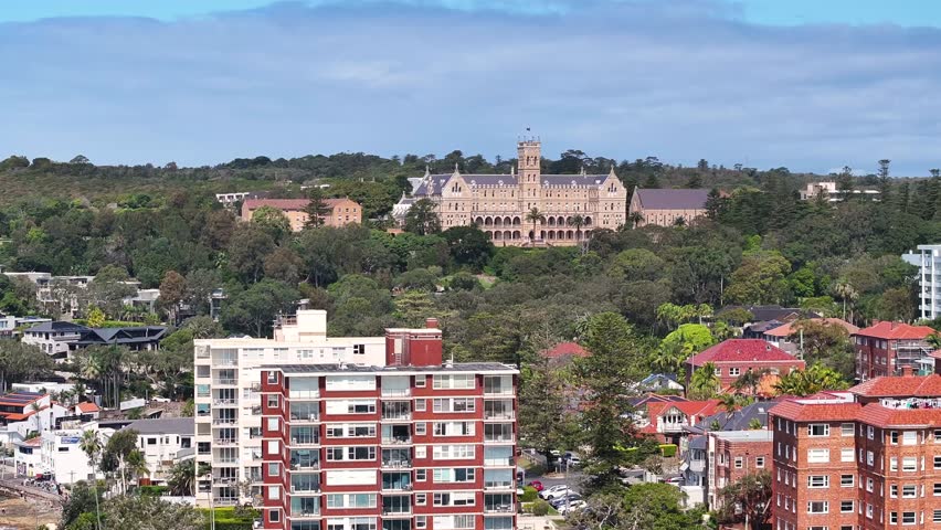 International College of Management And Seafront Suburbs Of Manly In New South Wales, Australia. Aerial Pullback Shot