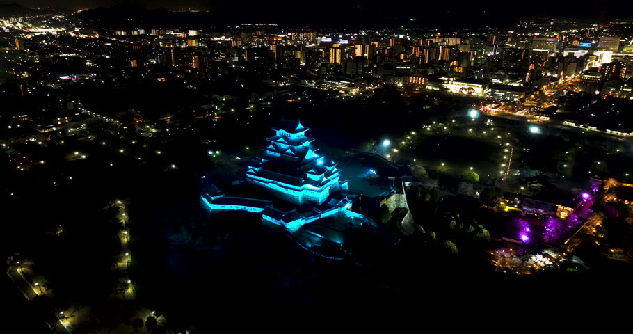 Aerial view of Himeji castle in Japan, traditional Japanese samurai fort in Hyogo prefecture, travel in Japan, medieval castle of Himeji drone view