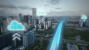 Aerial of Shanghai's business district with animated digital infrastructure. Computer cloud animations over the skyscrapers symbolizing cloud computing and connectivity - Powered by Shutterstock - Get 15% off with code: PIKWIZARD15