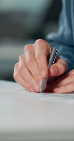 Documents, signature and hands of business person in office for planning, contract and paperwork. Agenda, application and writing with closeup of employee for agreement, checklist and policy proposal