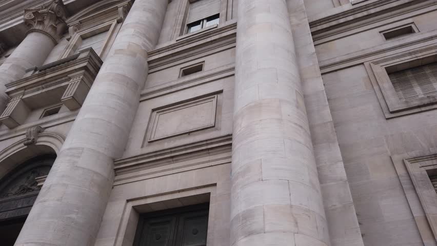 Closeup at National Bank Building Architecture Neoclassical Columns Arches, Door