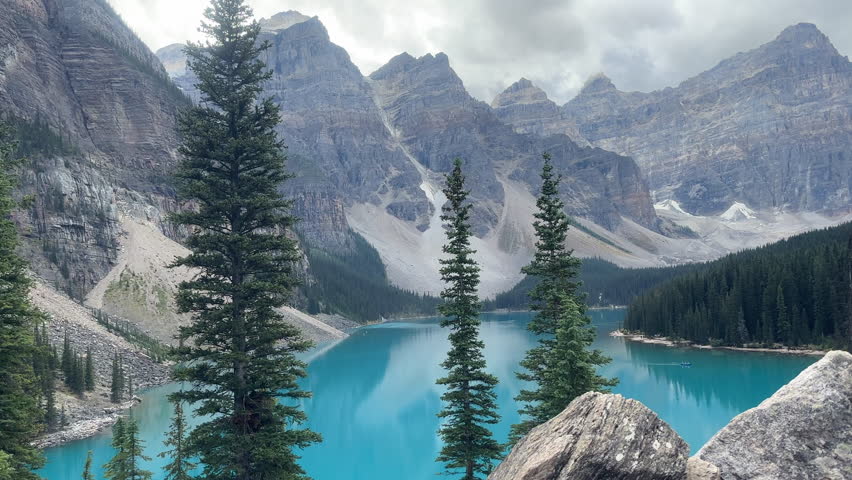 Zoom in shot of a mountainous landscape of Moraine Lake, Banff, Canada