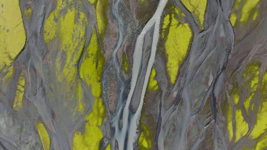 Aerial view above details of a river delta, sunny, summer day in Iceland