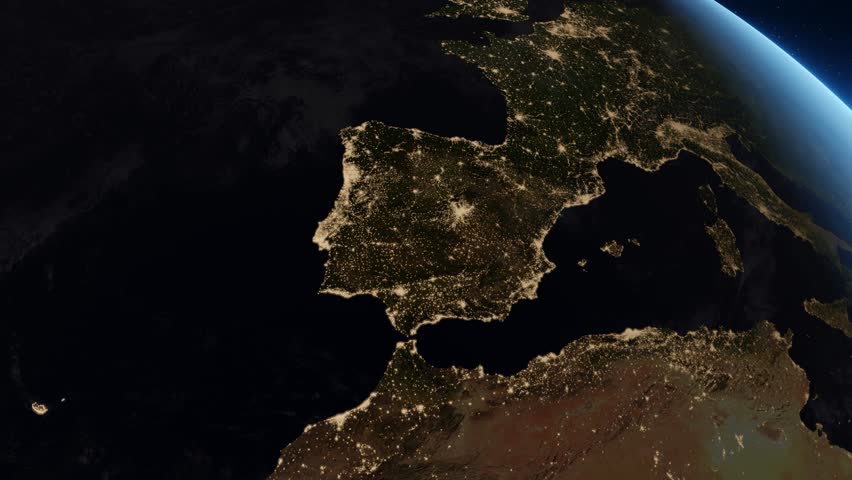 3D Animation showing Spain from space during the transition from day to night