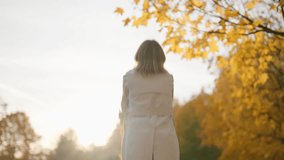 Carefree woman whirling in falling maple leaves in forest in sunny autumn day. Happiness and joy, good mood in fall season, young adult lady admiring beauty of nature, dry yellow foliage flying around - Powered by Shutterstock - Get 15% off with code: PIKWIZARD15