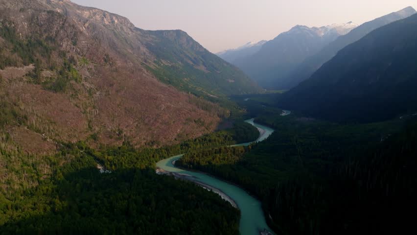 Aerial View Of Elaho River And Mountain Range In British Columbia, Canada.