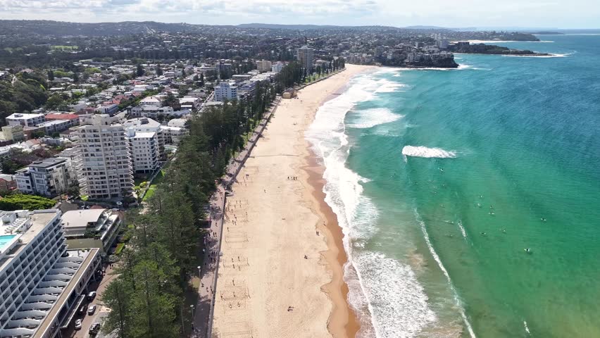 Bustling Beachside Suburb Of Manly Beach On The Northern Beaches Of Sydney, Australia. Aerial Drone Shot