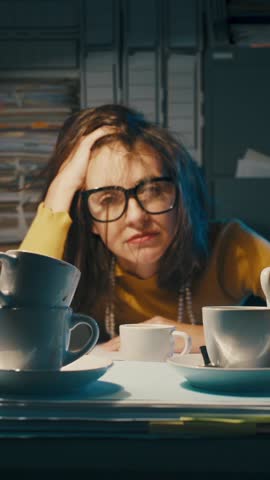Exhausted stressed office worker having too many coffees