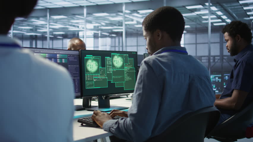 Cybersecurity team monitoring security incidents, alerted by security breach alert, working together to get rid of virus, protecting infrastructure from threats, camera A