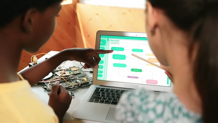 Laptop display coding system while student studying writing engineering code. Back view of diverse student learning programming system while pointing at screen at STEM technology class. Edification