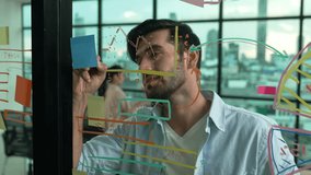 Smart project manager writing sticky notes and mind mapping at glass wall to planning strategy while multicultural businesspeople discussing about business plans at office with city view. Tracery - Powered by Shutterstock - Get 15% off with code: PIKWIZARD15