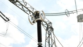 High voltage electrical substation.  Power plant with high poles and voltage distribution cables. Energy, electricity, delivery and distribution concept - Powered by Shutterstock - Get 15% off with code: PIKWIZARD15