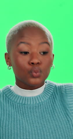 Excited, black woman and dancing with green screen for winning, celebration or entertainment on studio background. Portrait, African female person or dancer with smile for energy, good news or mockup