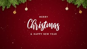 Merry Christmas and Happy New Year text greeting card animation. Xmas celebration with Christmas bells, snow, and ornaments. Golden Christmas balls on the Christmas tree branch on a red background. - Powered by Shutterstock - Get 15% off with code: PIKWIZARD15