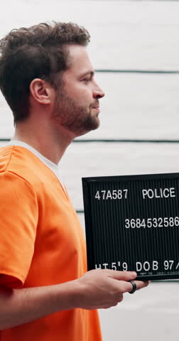 Criminal, police station and man with mugshot, arrest and thief with record, crime and identity frame. Portrait, person and prisoner with board, violations and public safety with legal photography