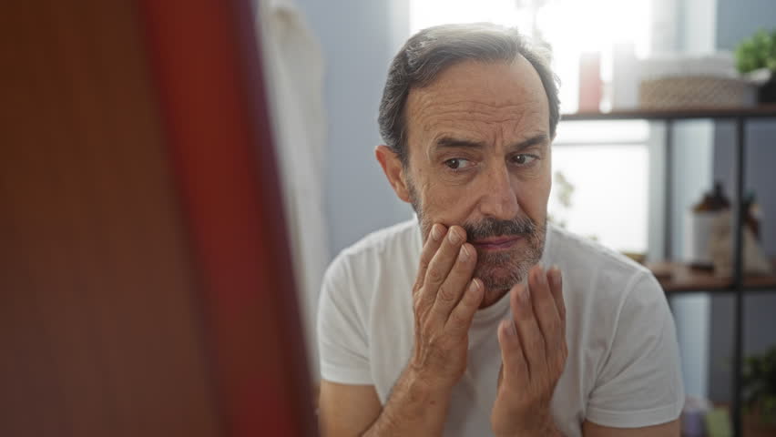 Middle-aged man in a spa room touching his face, surrounded by wellness products and a cozy atmosphere, contemplating skincare and relaxation.