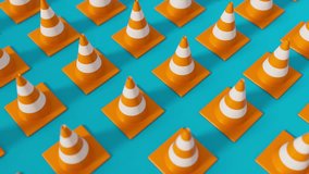 Moving grid of Orange Traffic cones with shallow dof on blue background. Safety warning or under construction symbol. 3d render loop - Powered by Shutterstock - Get 15% off with code: PIKWIZARD15