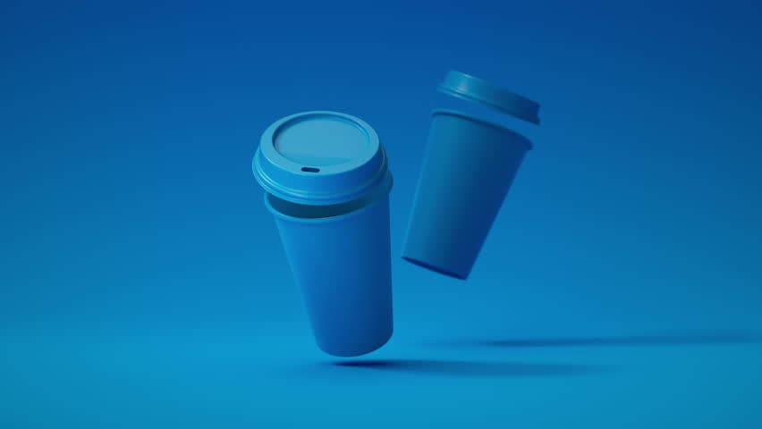 Two Minimalist Blue Blank Paper Coffee Cup floating above blue background. Takeaway paper coffee cups flying. Loop, 4k, 3d render