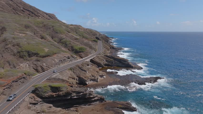 Hawaii Oahu North Shore Cove Volcanic Rocks Coastline. Aerial Shot.