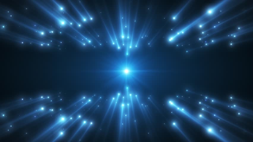 Abstract scene of futuristic cyber world. Animation of abstract glowing shiny particles with light rays. Bright light stripes. Flying bright dots, dust particles on a blue background. seamless loop
